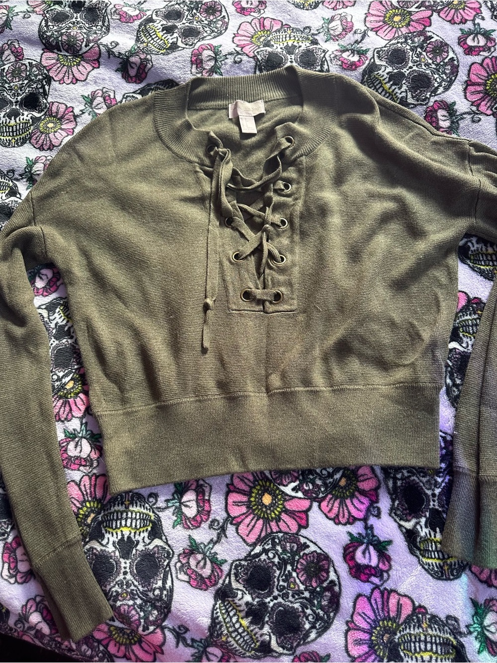 Forever 21 Olive Green Lace-Up Cropped Knit Sweater